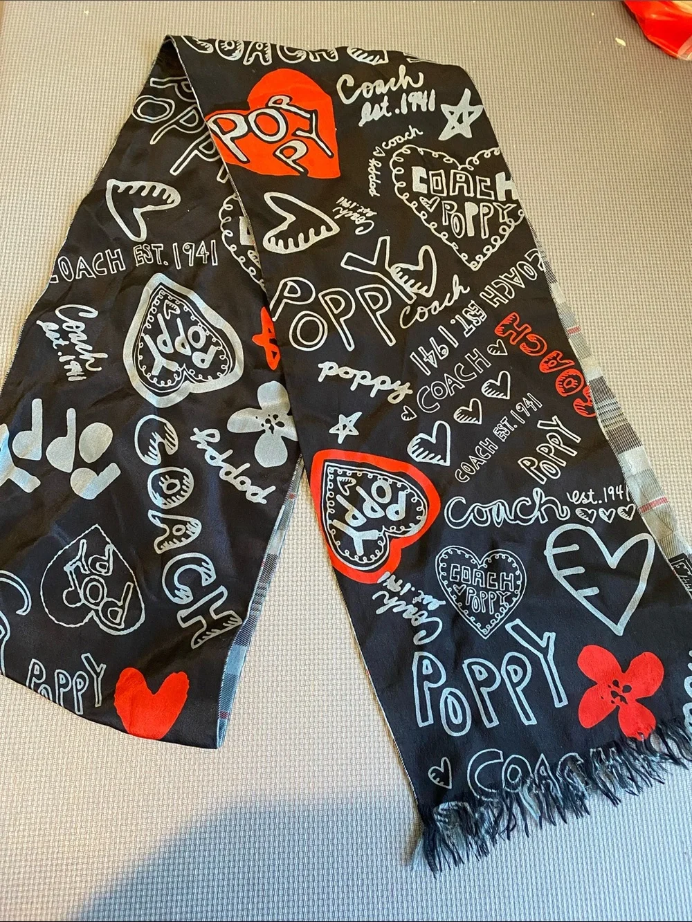 Coach Black Scarf with Red and White Poppy Graphics